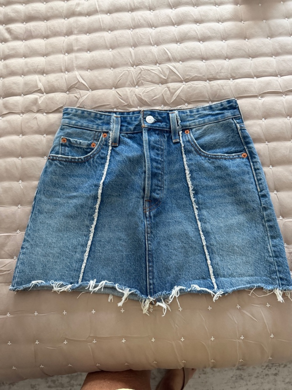 ICON Blue Distressed Denim Mini Skirt with Frayed Panels